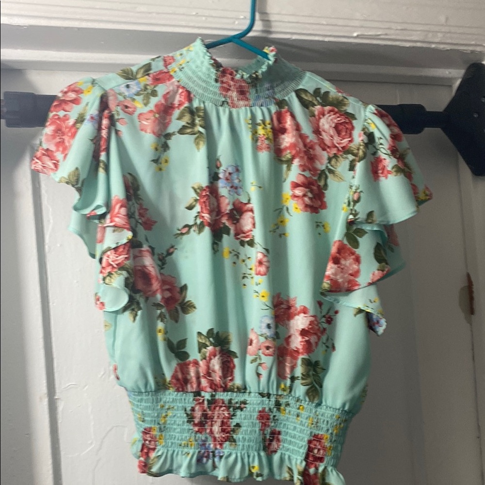 Floral Ruffle Sleeve Top - Mint Green